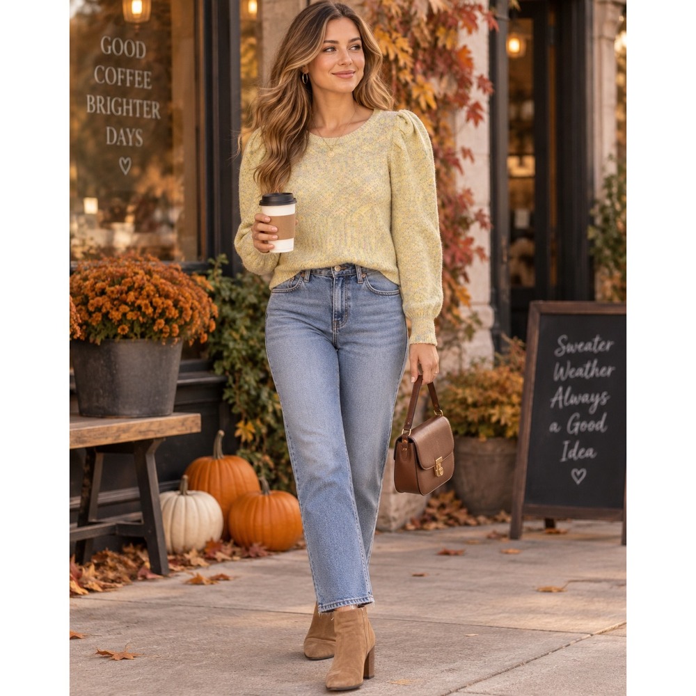 Butter Yellow Marled Puff Sleeve Cropped Sweater Women M Coquette Cottagecore